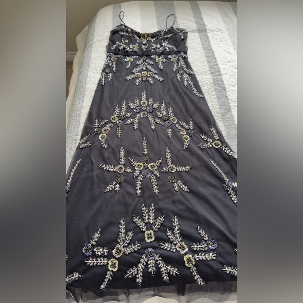 Adrianna Papell Black Beaded Floral Maxi Dress